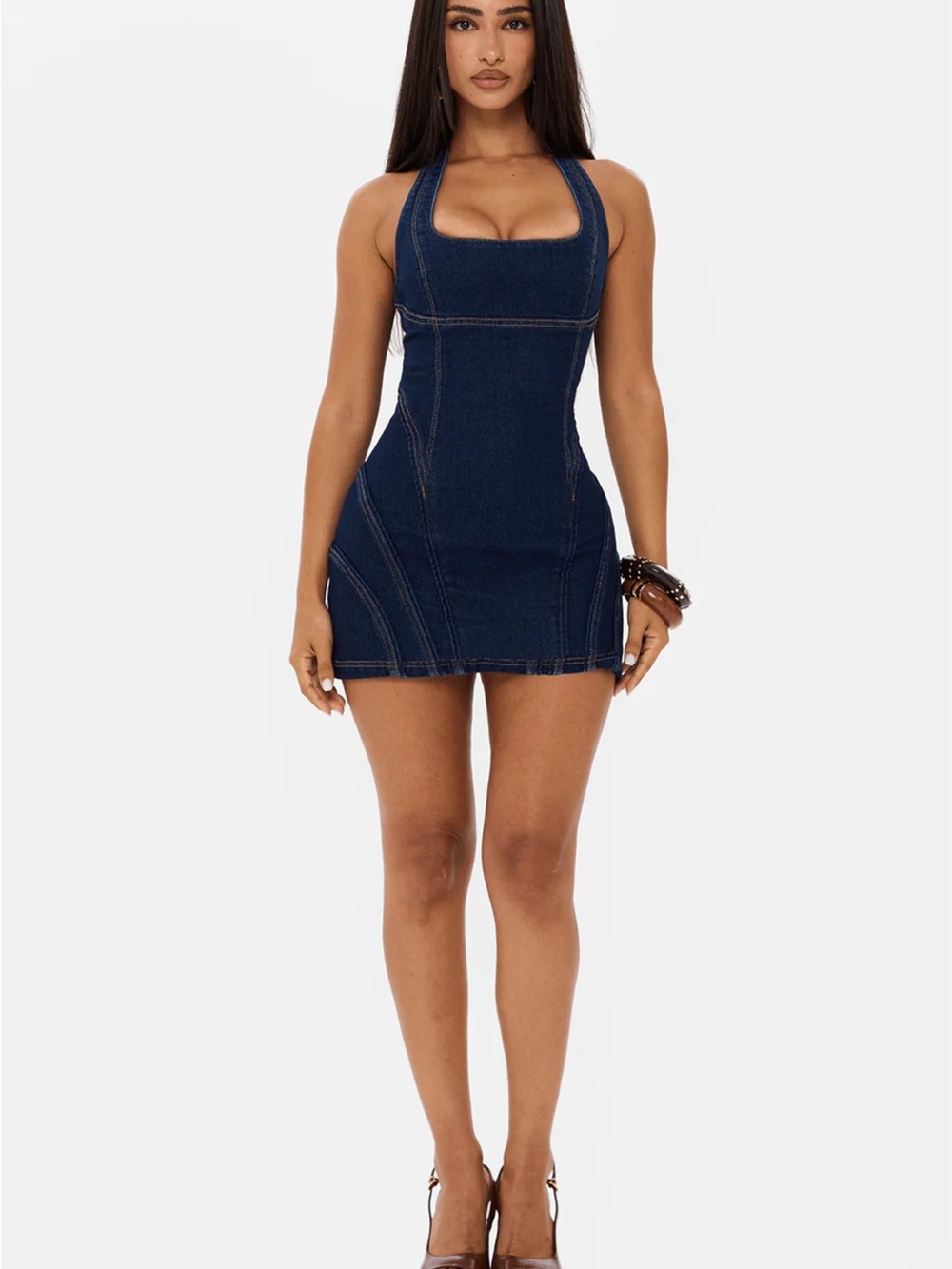 Dark Blue Denim Halter Mini Dress